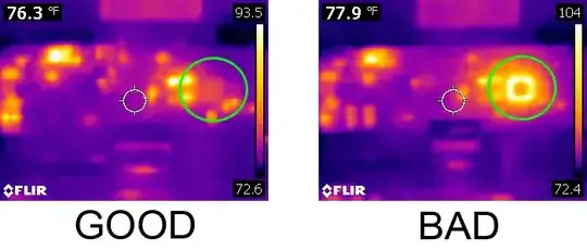 Comparison of two identical FPGAs, one working, one overheating