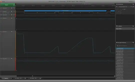 A screenshot of the Saleae Logic program showing that the serial signal rises slowly, with peaks not reaching nearly as high as full signal level.