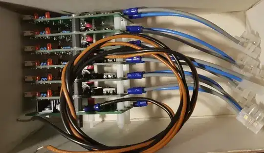 7 PCB stacked on top of each other, 10mm distance between each