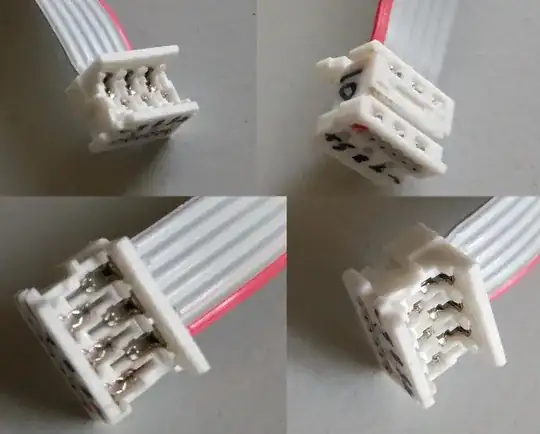 four images of a white connector attached to a 6-pin(?) ribbon cable