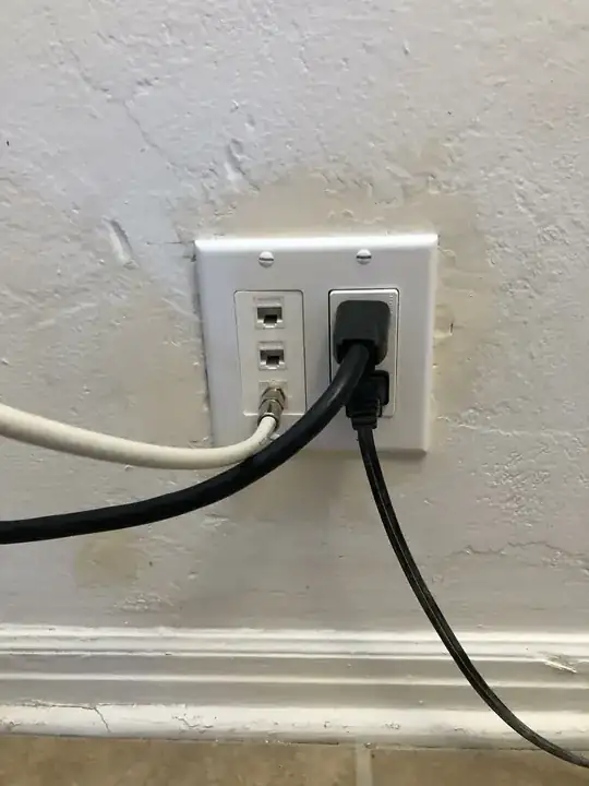 Image shows double wide electrical cover with a 110 V, 15 A outlet on the right slot and two Ethernet ports and a coax cable, arranged vertically, on the left slot
