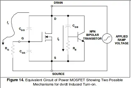 schematic of MOSFET capacitances and current
