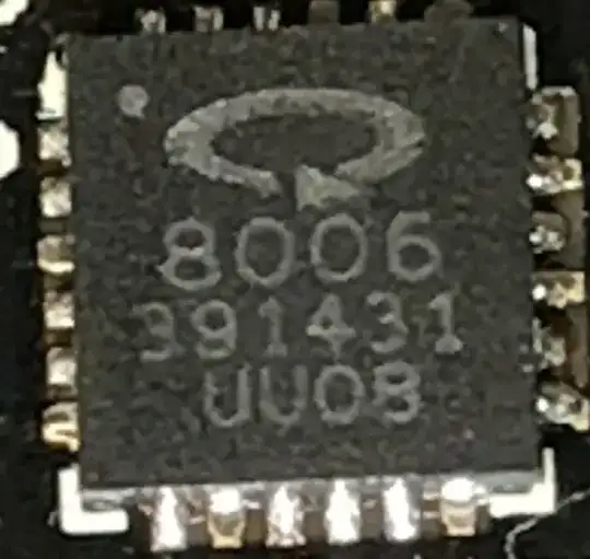 Grainy image of chip with logo (arrow bent into a circle) and numbers 8006, 391431, UU08