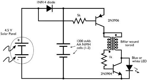solar LED light circuit from evilmadscientist.com