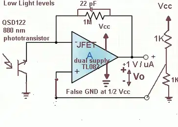 phototransistor with JFET op amp for low light levels