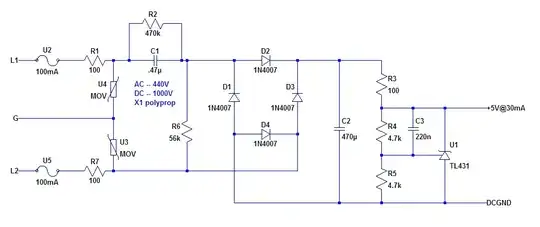 Split-Phase 230VAC Capacitive Transformerless Supply, 5V@30mA