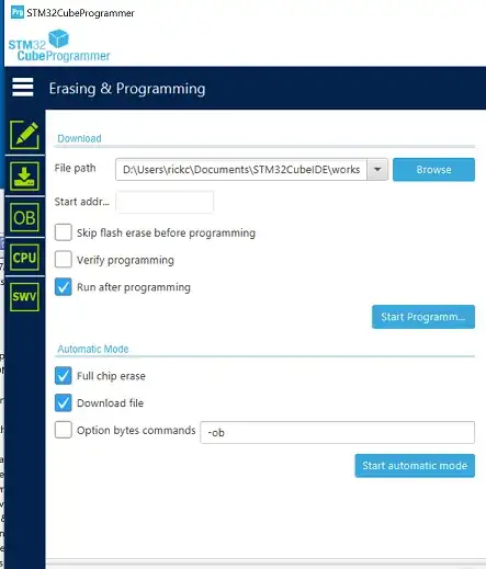 screen shot of STM32CubeProgrammer download screen