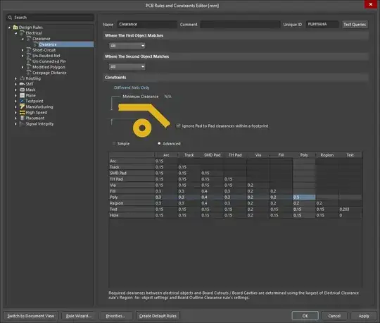 "Design Rules" window showing the relevant clearance rule settings