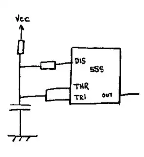 555 astable, one resistor on the discharge line, one going to Vcc