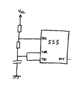 555 astable, DISCHARGE between two resistors
