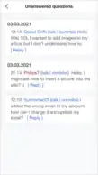 Screenshot of the module: unanswered questions (mobile)