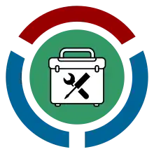 blue and red circle around a green and white toolbox