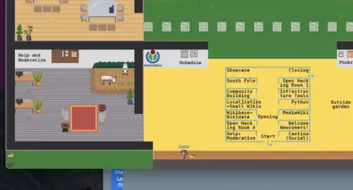An animated game-style room which says Help and Moderation. A blue map on a yellow background. The rooms listed are Showcase, South Pole, Community Building, Localization+Small Wikis, Wikibase+Wikidata, Open Hacking Room, Opening, Help+Moderation, Cantina(Social), Welcome Newcomers!, MediaWiki, Python, Infrastructure Tools, Open Hacking Room, Closing, and Outside Garden.