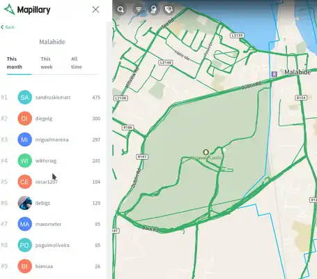Datos obtidos polos nosos alumnos (pista) e os nomes dos usuarios OSM (columna da esquerda) no Mapillary Resultados no Mapillary