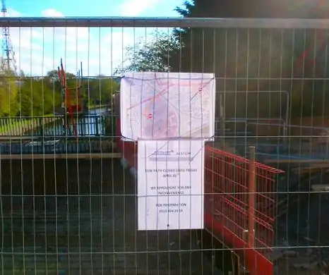 Nottingham Tram footpath diversion notice showing an OSM map