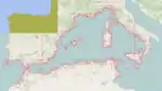 The area covered by the OpenSeaMap chart bundle 'Mediterranean Sea West' as of may 2016.