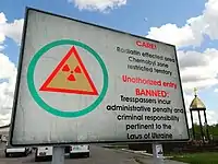 Sign at the entrance to the Chernobyl Exclusion Zone, Ukraine(boundary=hazard + hazard=nuclear)