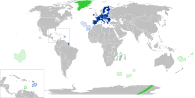 Special member state territories, coloured according to status in the EU (outermost regions in blue, overseas countries and territories in green).
