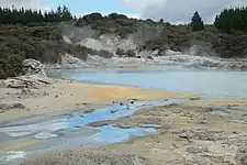 Not a fumarole: use  natural=hot_spring and map the hot water as  natural=water + temperature=hot