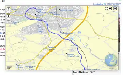 OpenStreetMap data, KML overlay (blue line), and additional article coordinates (blue dots). February 2012
